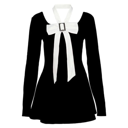 Square Neck Long Sleeve Buckle Bow Contrast Panel Mini Dress