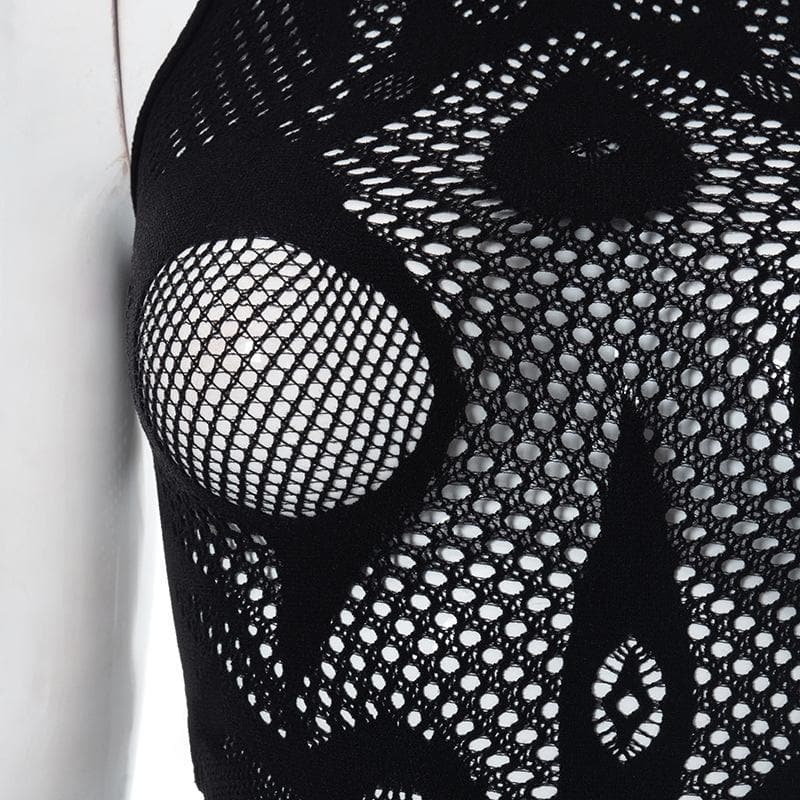 Fishnet Pattern High Neck Sleeveless Hollow Out Bodycon Mini Dress