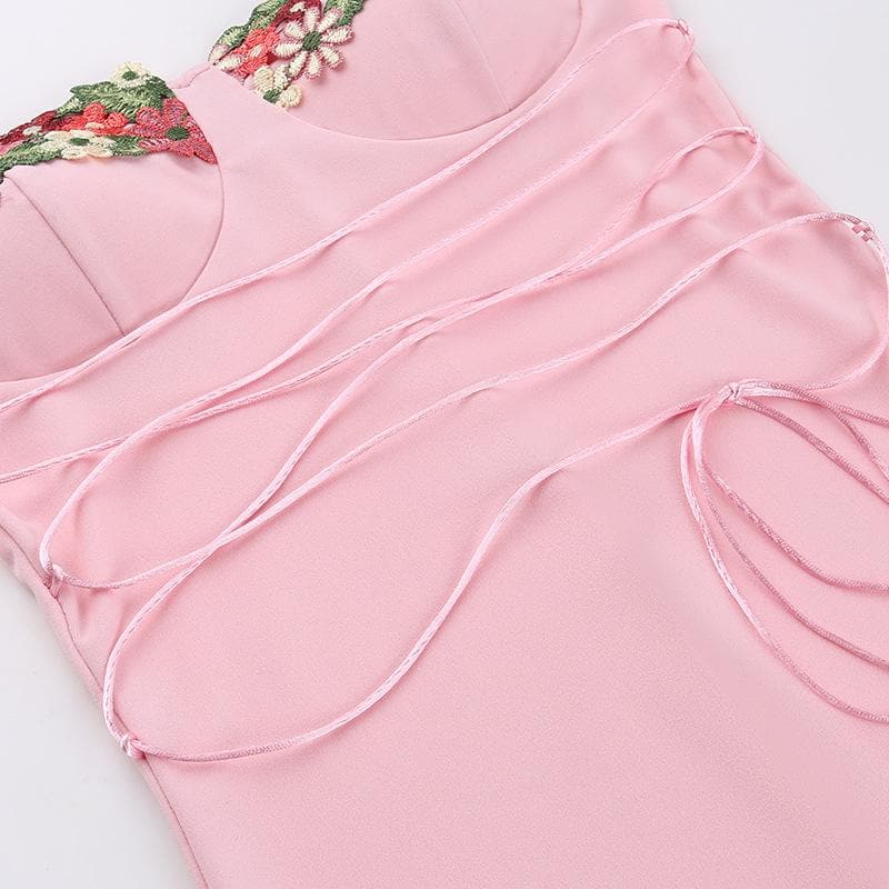 Sweetheart Neck Floral Embroidery Lace-Up Ribbon Bodycon Maxi Dress