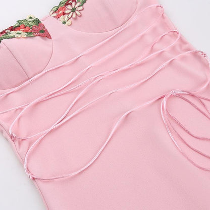 Sweetheart Neck Floral Embroidery Lace-Up Ribbon Bodycon Maxi Dress