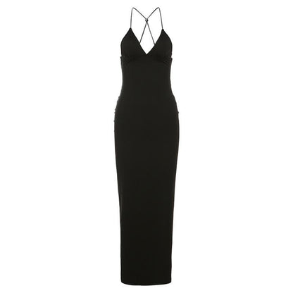 Butterfly Applique Criss Cross Strap Backless Printed Bodycon Maxi Dress