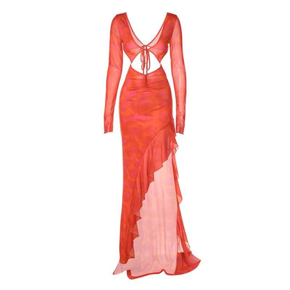 Long Sleeve Deep V Midriff Cutout Tie Front High Slit Ruffle Hem Maxi Dress