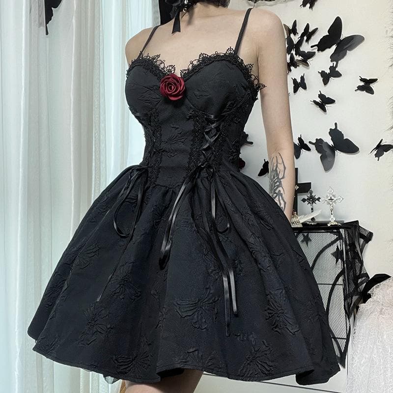 Sweetheart Lace Up Ribbon Bow Floral Applique Textured Mini Dress