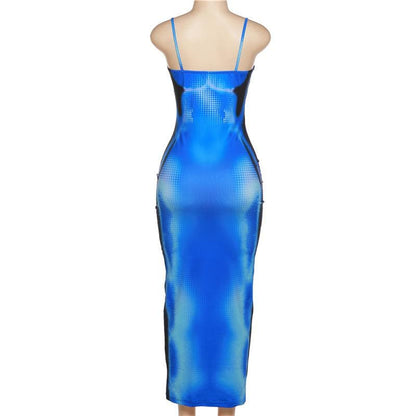 Square Neck Spaghetti Strap Trompe Loeil Contour Print Bodycon Maxi Dress