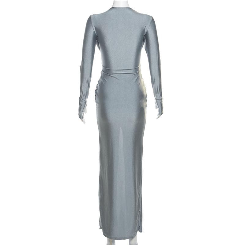 Deep V Twist Front Long Sleeve Ruched Metallic Side Slit Maxi Dress