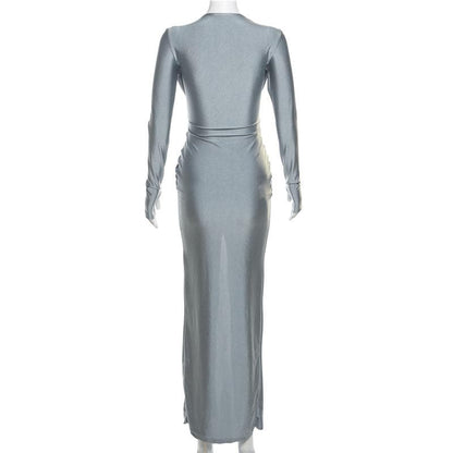 Deep V Twist Front Long Sleeve Ruched Metallic Side Slit Maxi Dress