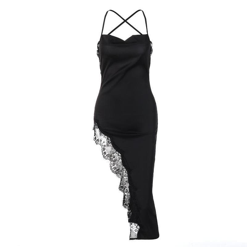 Spaghetti Strap Square Neck Lace Trim High Slit Satin Slip Midi Dress