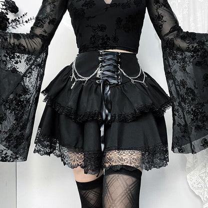 Ruched Lace Hem Chain Detail Lace Up Tiered Mini Skirt