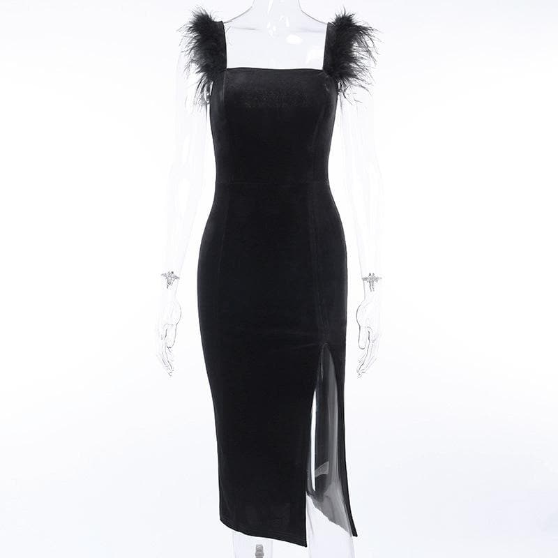 Square Neck Faux Fur Strap Side Slit Velvet Zip Up Midi Dress