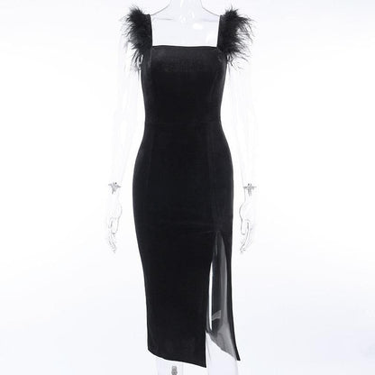 Square Neck Faux Fur Strap Side Slit Velvet Zip Up Midi Dress