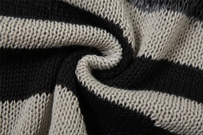 Crew Neck Distressed Open Knit Glitch Stripe Rib Knit Mini Dress