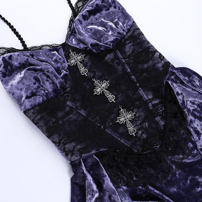 Velvet Lace Trim Cross Applique Corset High Low Midi Dress