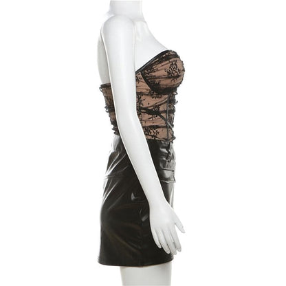 Floral Lace Corset Bustier PU Leather Crossover Pocket Bodycon Mini Dress