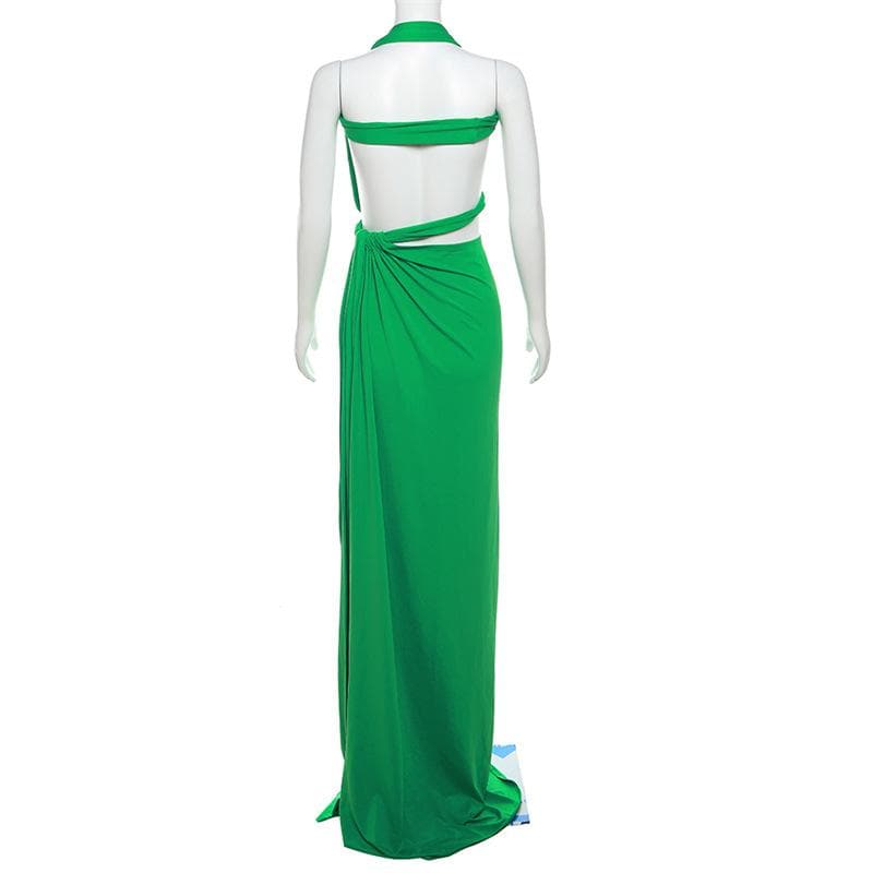 Halter Multi Cutout Ruched Side Slit Bodycon Maxi Dress