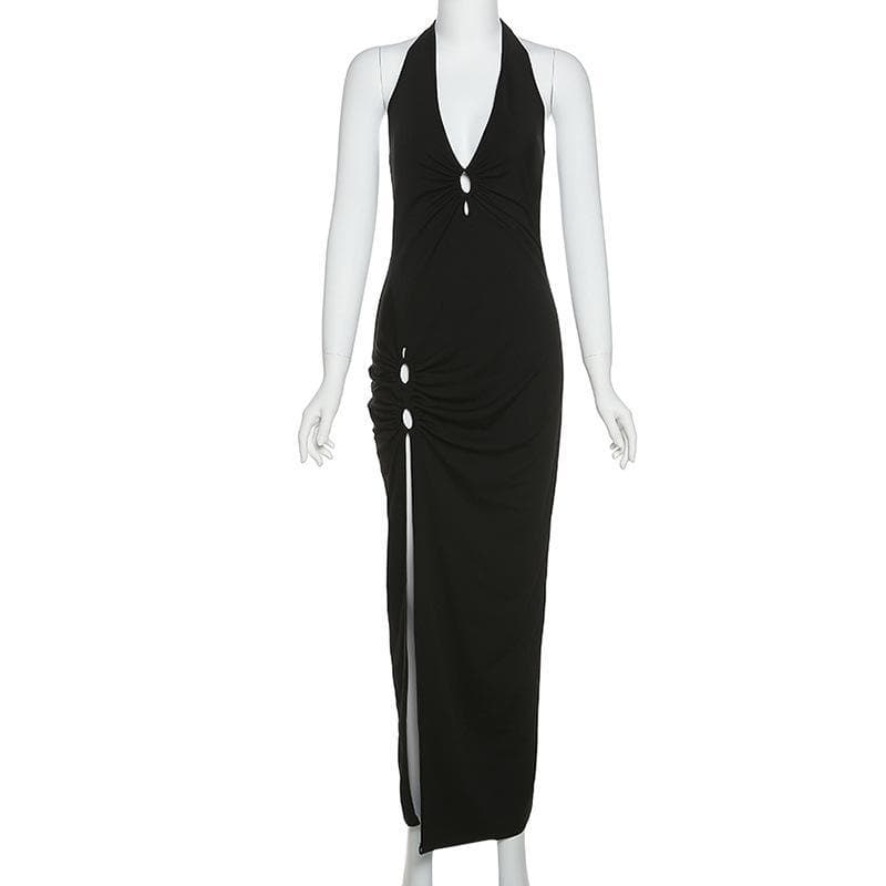 Halter Ring Detail Deep V Ruched Side Slit Bodycon Maxi Dress