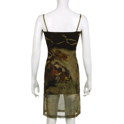 Square Neck Spaghetti Strap Mesh Overlay Abstract Floral Bodycon Midi Dress
