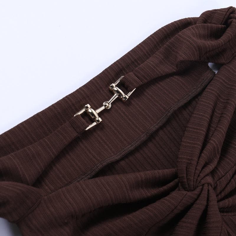 Off Shoulder Rib Knit Twist Knot Hardware Detail Bodycon Mini Dress