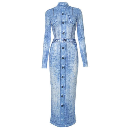 Mock Neck Faux Denim Acid Wash Print Long Sleeve Bodycon Maxi Dress