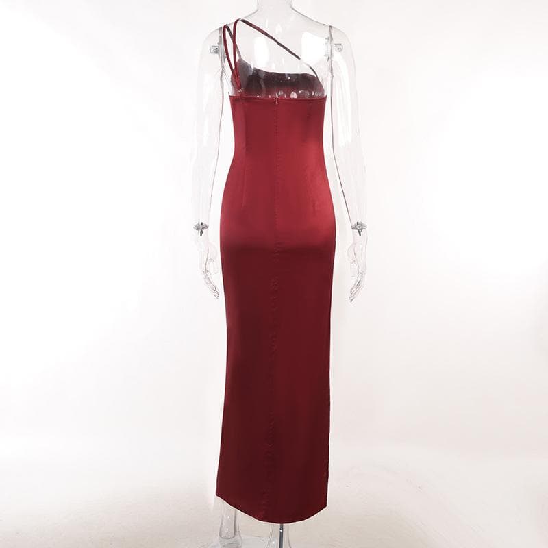 One-Shoulder Double Strap Ruched Satin Side Slit Maxi Gown