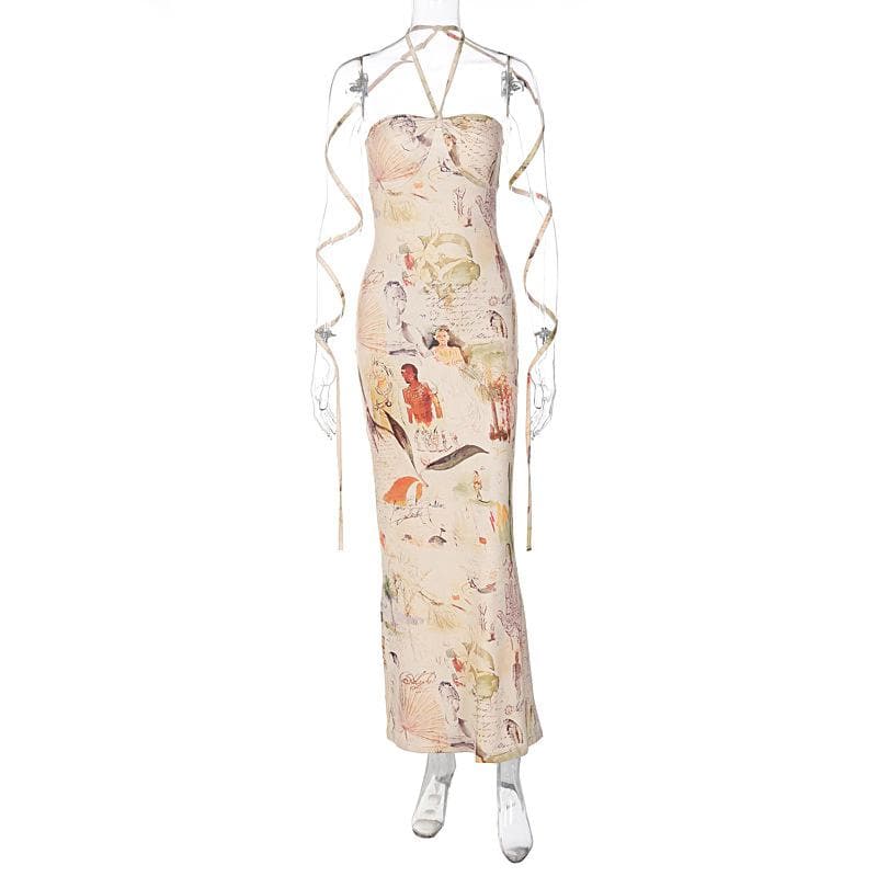 Halter Graphic Collage Print Arm Wrap Tie Bodycon Maxi Dress