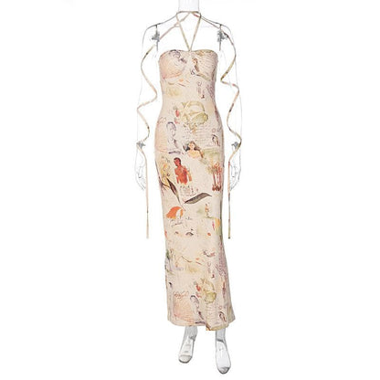 Halter Graphic Collage Print Arm Wrap Tie Bodycon Maxi Dress