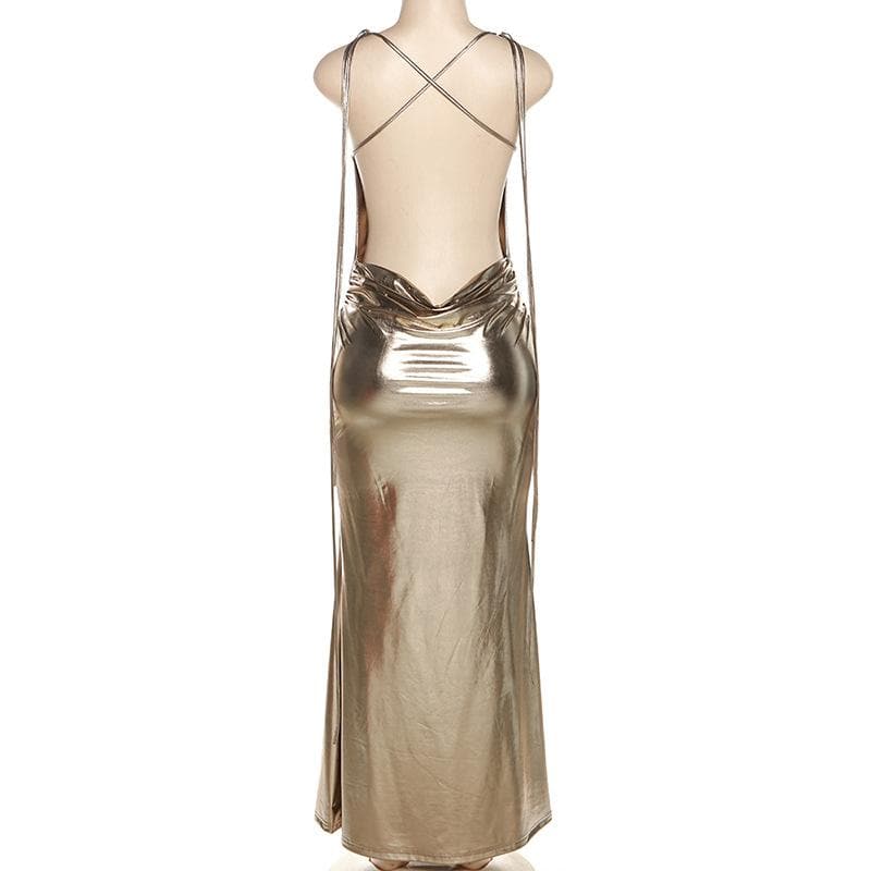 Metallic Cowl Neck Cross Tie Strap Open Back Ruched Bodycon Maxi Dress
