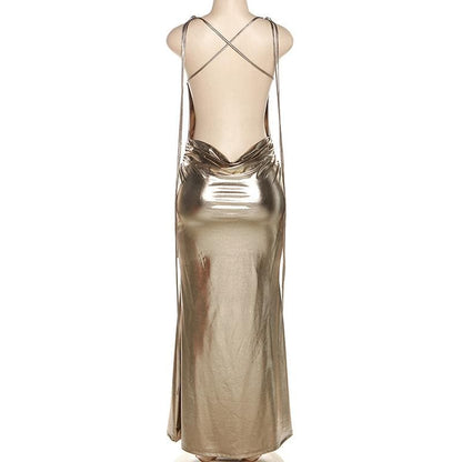Metallic Cowl Neck Cross Tie Strap Open Back Ruched Bodycon Maxi Dress