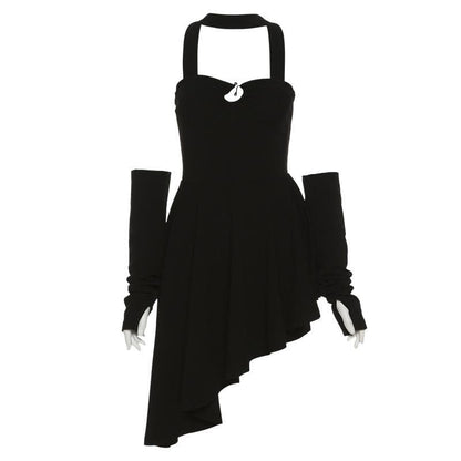 Halter Neck Chest Cutout Asymmetric Hem Detached Sleeve Mini Dress