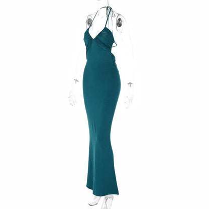 Halter Tie Back Ruched Bust V-Neck Mermaid Maxi Dress
