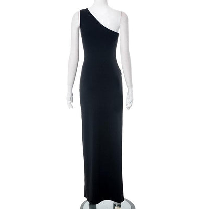 One Shoulder Rhinestone Ring High Slit Bodycon Maxi Dress