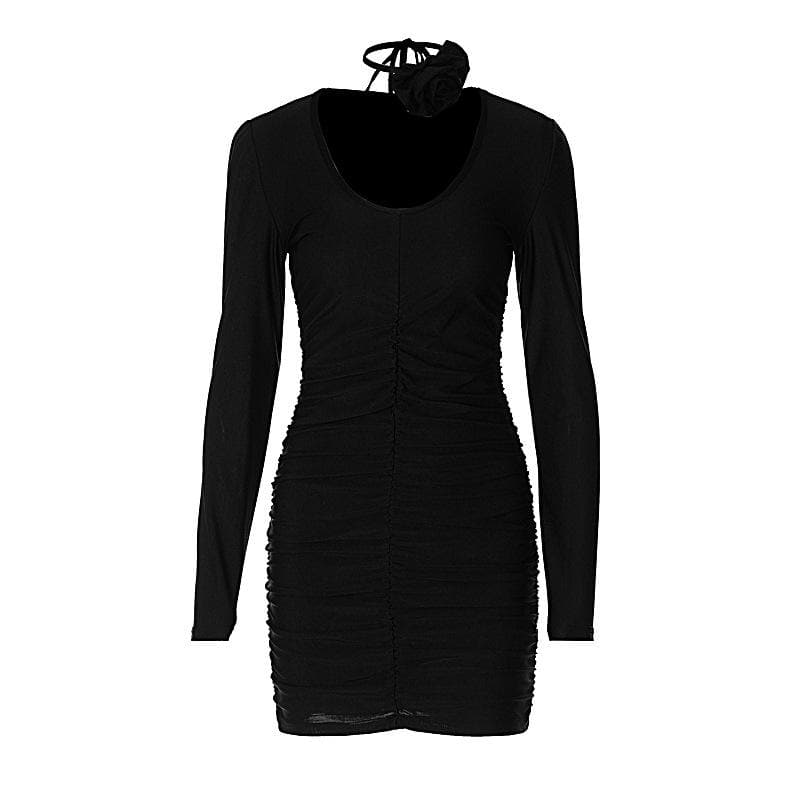 Ruched Long Sleeve Flower Applique U Neck Mini Dress