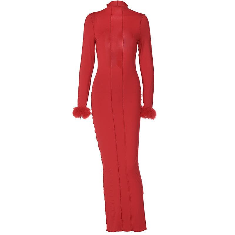 Mock Neck Long Sleeve Feather Cuff Panel Seam Bodycon Midi Dress