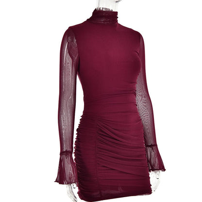 Mock Neck Sheer Mesh Bell Sleeve Horizontal Ruched Mini Dress