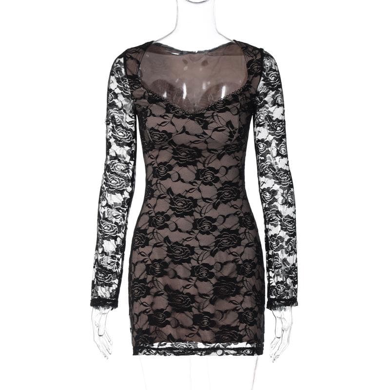 Scoop Neck Floral Lace Overlay Contrast Lining Long Sleeve Bodycon Mini Dress