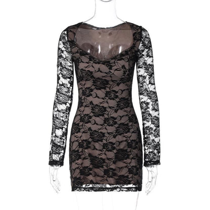 Scoop Neck Floral Lace Overlay Contrast Lining Long Sleeve Bodycon Mini Dress