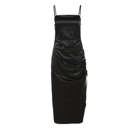 Satin Square Neck Side Ruched Drawstring Slit Bodycon Midi Dress