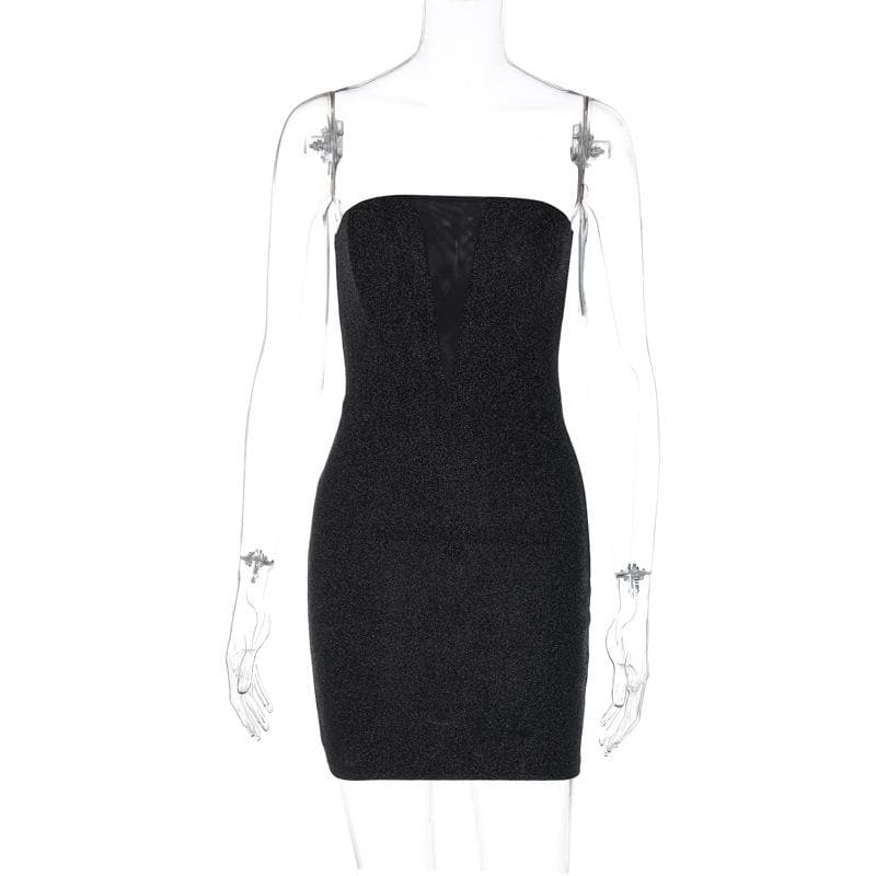 Strapless Deep V Mesh Insert Glitter Bodycon Mini Dress