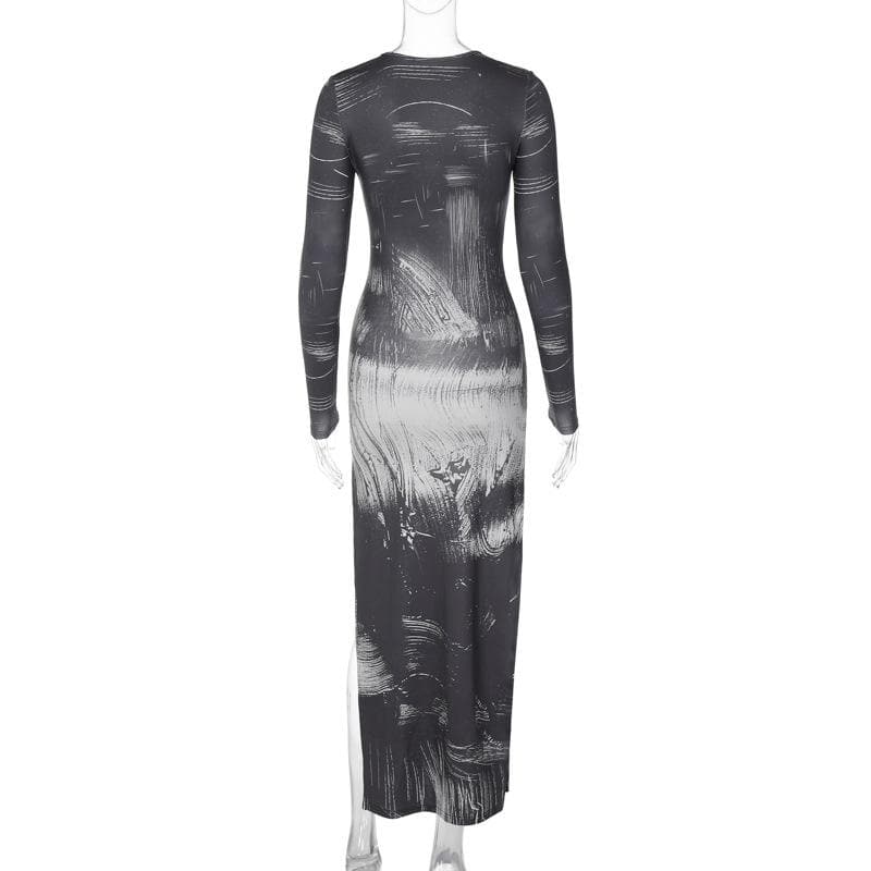 Brushstroke Print O-Ring Cutout Long Sleeve High Slit Maxi Dress