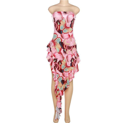 Butterfly Print Strapless Irregular Ruffle Backless Maxi Dress