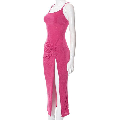 Square Neck Spaghetti Strap Knot Detail High Slit Backless Cami Midi Dress