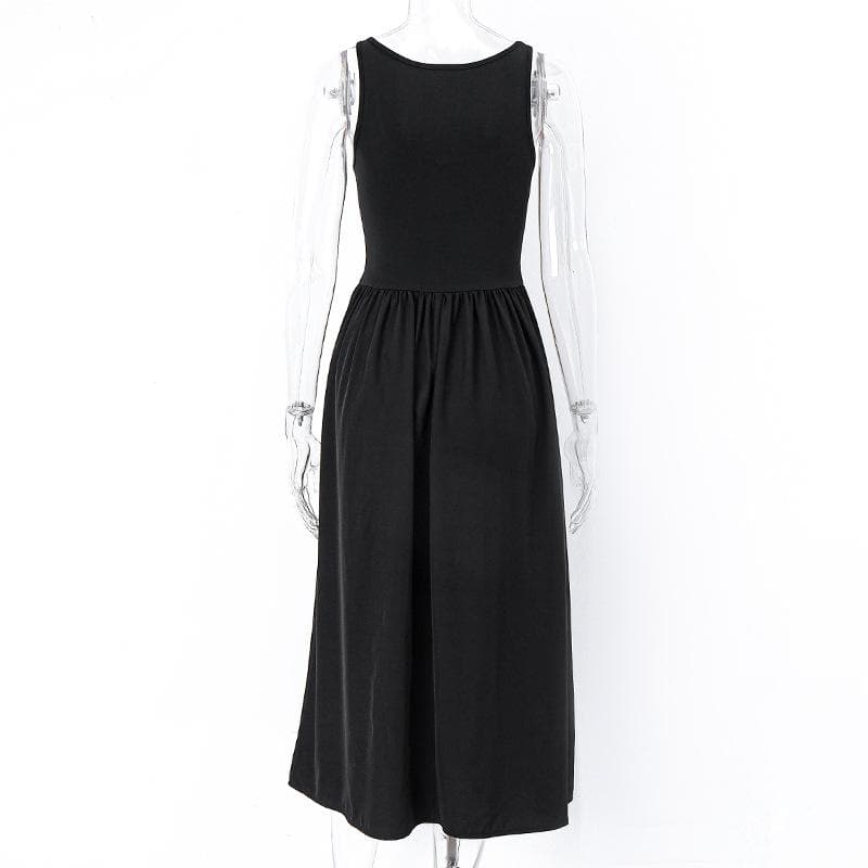 Deep Scoop Neck Wide Strap Dropped V Basque Gathered Midi Dress