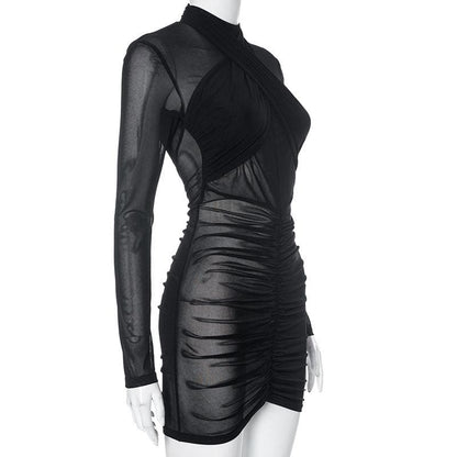 Ruched Cross Front Sheer Mesh Long Sleeve Mini Dress