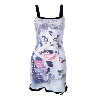 Cat Graphic Print Contrast Ruffle Trim Cami Mini Dress