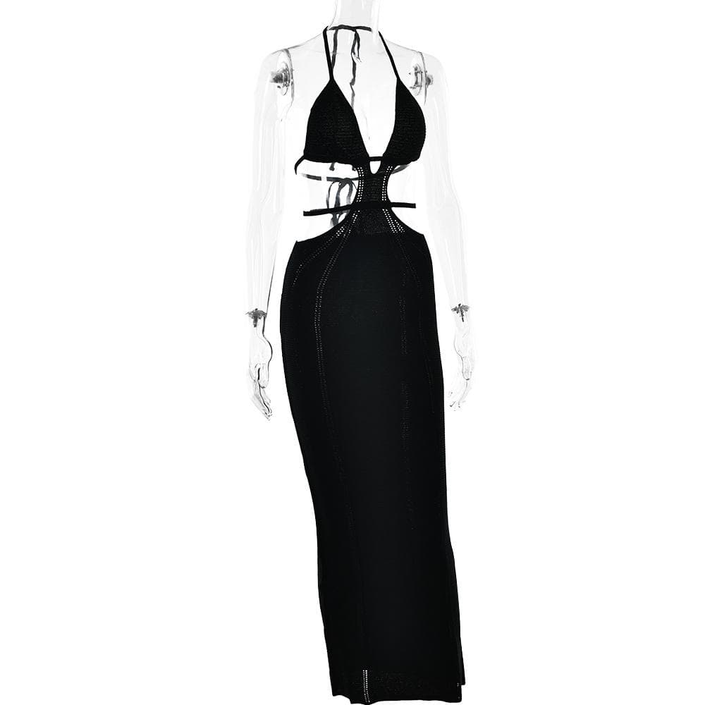 Halter V-Neck Side Cutout Knit Panel Bodycon Maxi Dress
