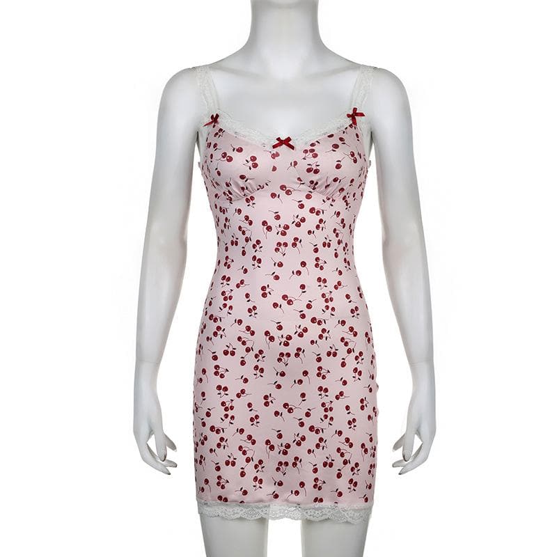 Sweetheart Lace Trim Print Bow Strap Bodycon Mini Dress