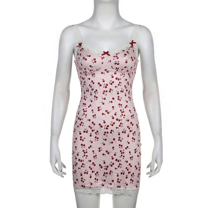 Sweetheart Lace Trim Print Bow Strap Bodycon Mini Dress