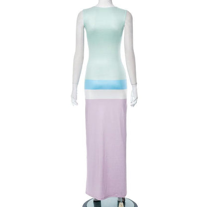 Crew Neck Contrast Panel Band Bodycon Maxi Dress