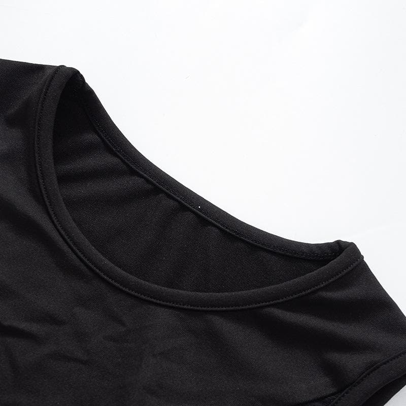 Crew Neck Mesh Panel Cutout Detached Glove Sleeve Mini Dress