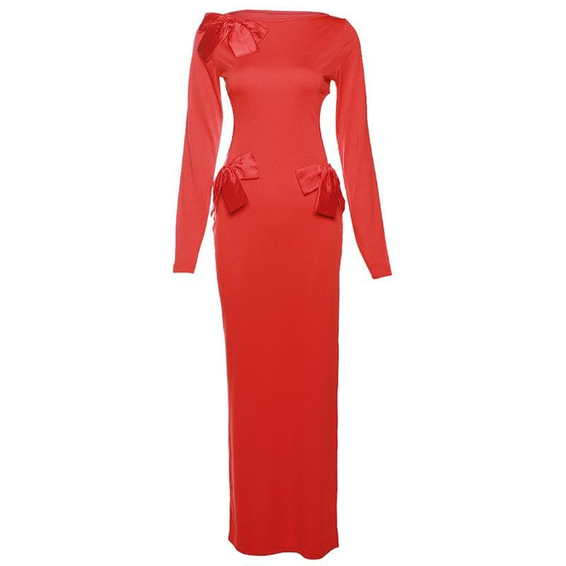 Long Sleeve Side Cutout Bow Detail Bodycon Maxi Dress