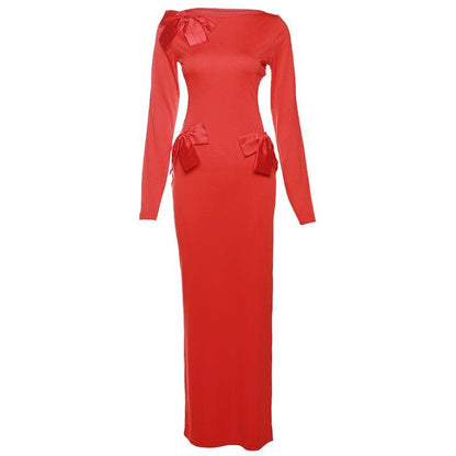 Long Sleeve Side Cutout Bow Detail Bodycon Maxi Dress